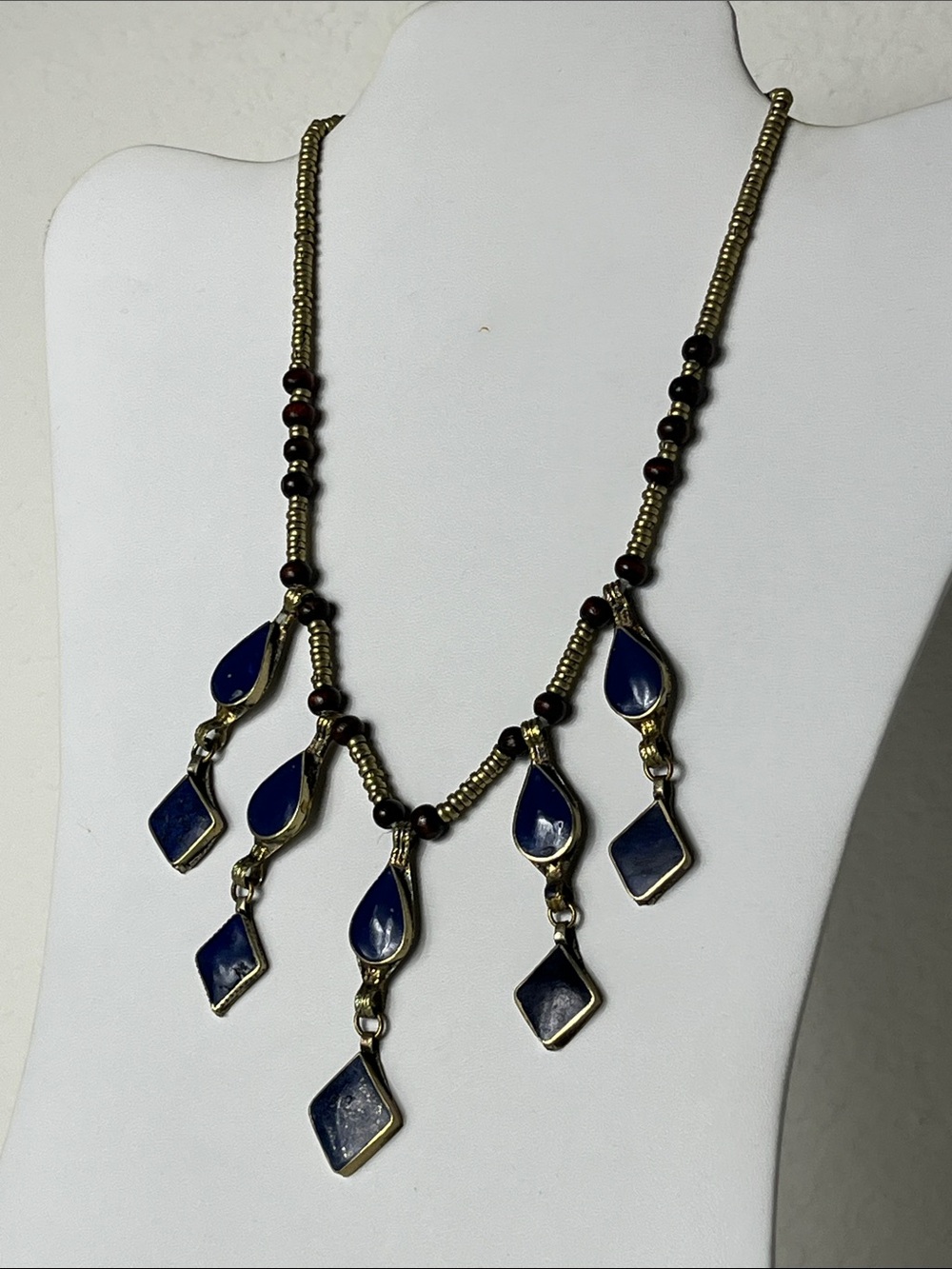 Lapis Teardrop & Diamond Pendant Beaded Necklace
